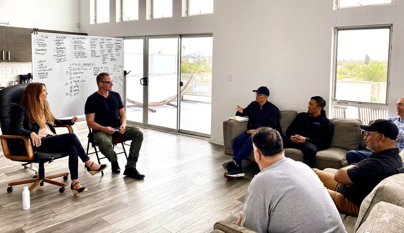 A previous Masculine Reset group session with whiteboard